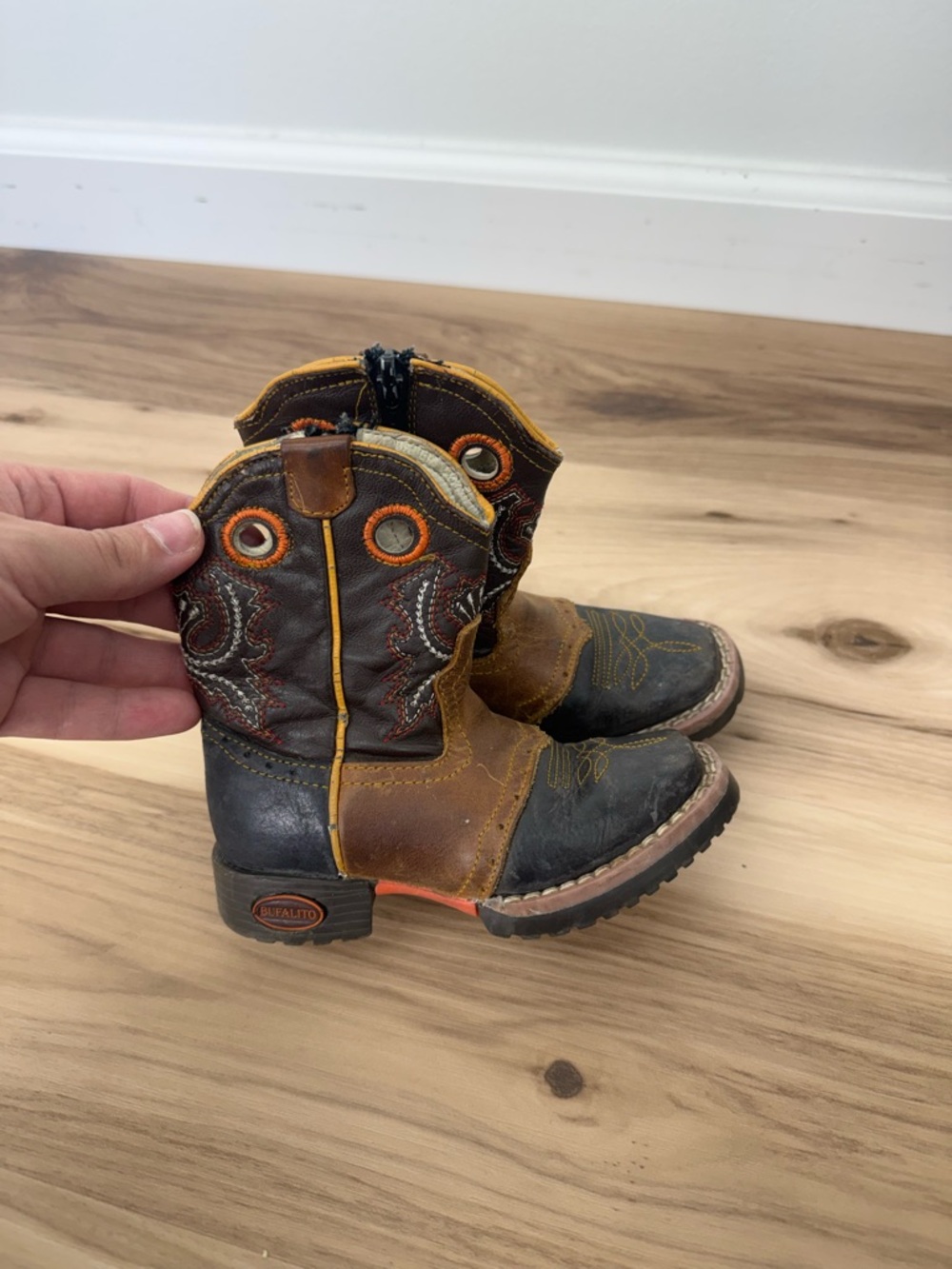 El General Brown & Black Kids Western Pull-On Boots with Orange Accents